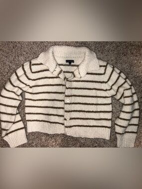 Miou Muse Women’s Cream Brown Striped Button-Up Sweater Cardigan Anthropologie S